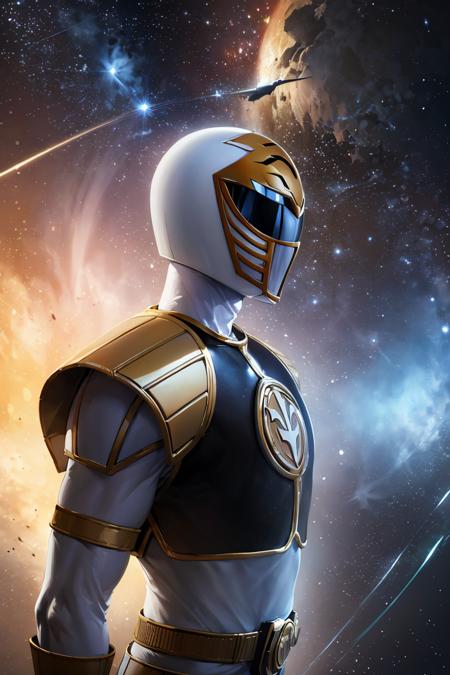 ((masterpiece,best quality)), absurdres,
<lora:White_Ranger:0.7>, White_Ranger, solo, black breastplate, tokusatsu, detailed helmet and armor, side view, 
stars and space in background, cinematic composition,