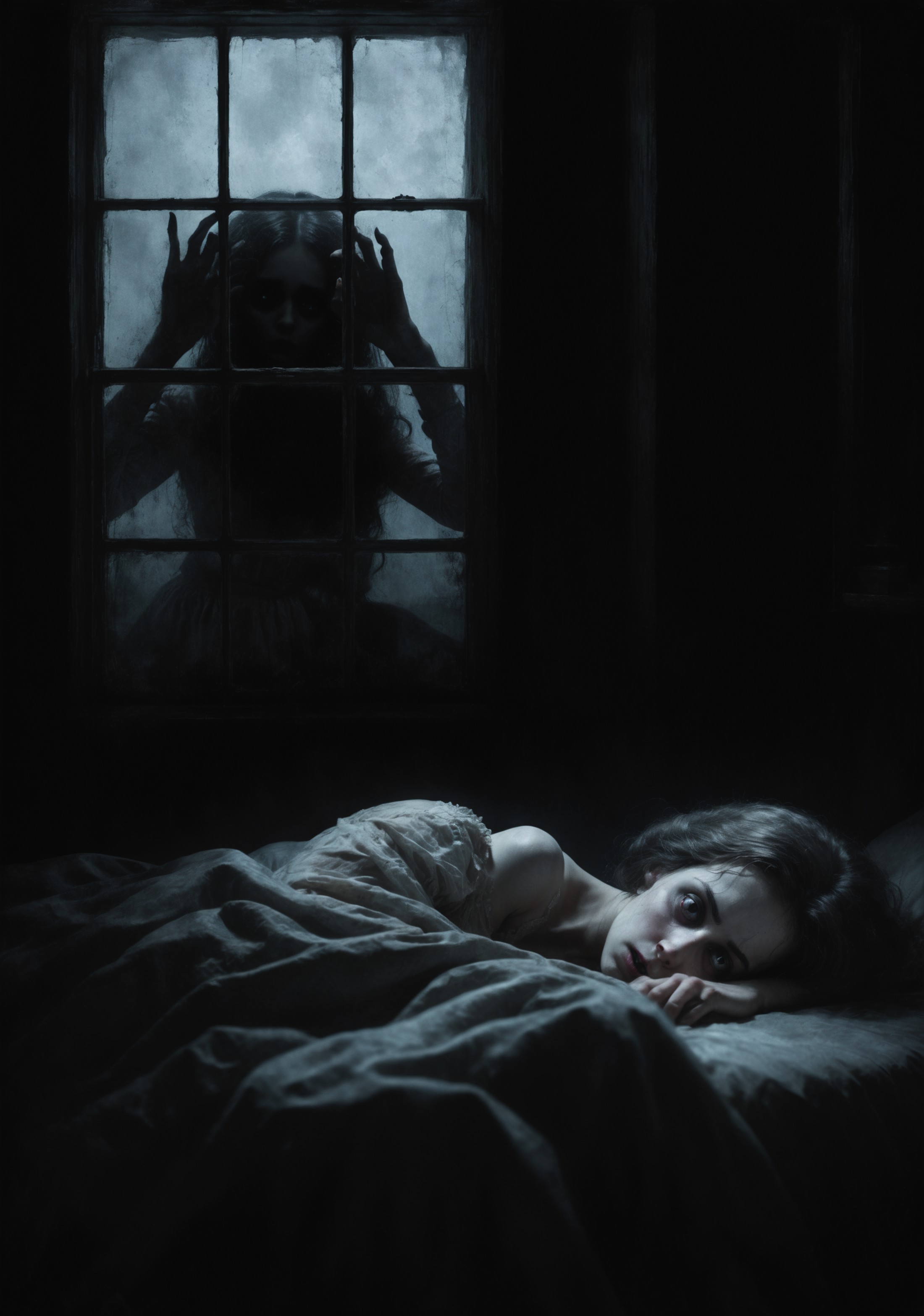in the 19th century, in his bed, a woman is frightened by a terrifying figure of a girl who watches him from behind the wi...