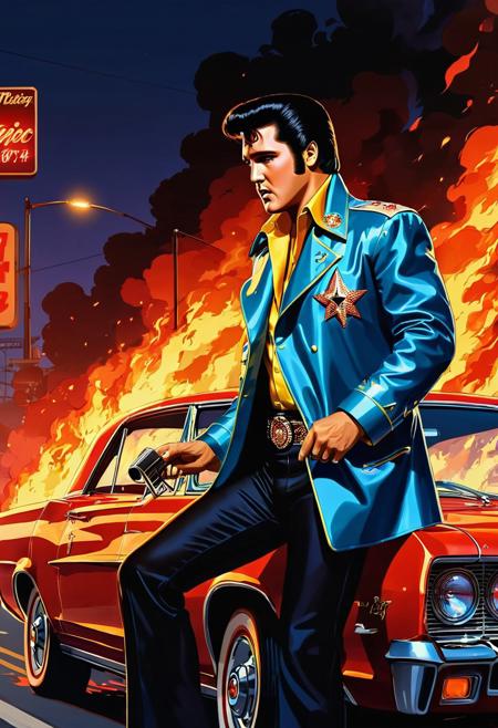 Elvis presley In Traffic, On Fire, Masterpiece, Best Quality, flat, cinematic lighting, drawn Art, by Studio Trigger, clip studio paint, Anime Wallpaper, Deep Color, Cel-Shaded