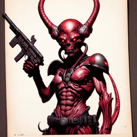 photo, drawing of a demonic looking creature holding a gun (MartianWarlord style:1) <lora:djzMartianWarlordV21:0.8>