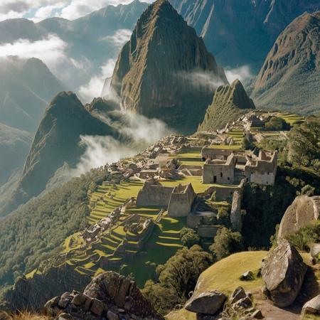 their peaks veiled in mist. mixed media, surrealism, great lighting, A surreal landscape highly detailed . extremely high-resolution details,  appears trapped in an optical illusion of reflections and refractions colorful , Machu Picchu high up in the mountains, professional photography, natural lighting, volumetric lighting maximalist. intricately detailed, complex, elegant, expansive, fantastical, film photography style,  medium grain