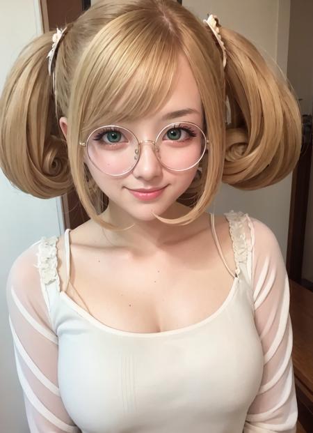 masterpiece, best quality, ultra-detailed, illustration, 1girl, solo, looking at viewer, <lora:round_glasses-v17h:1>, yellow-framed eyewear, enmaided, maid, long sleeves, <lora:sato_shin-v13:0.8> , sato shin, blonde hair, ahoge, green eyes, large breasts, short twintails, upper body, indoors, smile