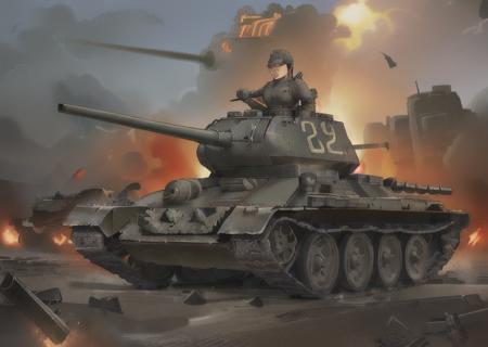 The T-34, one of the most famous Soviet tanks from World War II, thrives in the heat of battle. Its massive hull structure and armor provide protection from enemy shots, allowing it to break through lines of defense. The powerful T-34 gun, accompanied by mobility, ensures effective defeat of the enemy. The tank demonstrates excellent maneuverability and superiority on the battlefield, making it an important element of Soviet military power. Looking ahead, the majestic T-34 continues to show its strength and impenetrability in the hot atmosphere of battle, ((t-34)) <lora:t-34:0.8>