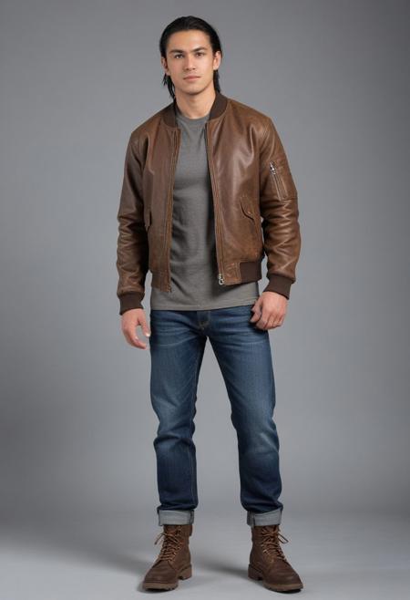 Human, Male, Dark skin, Native American, long black hair in a ponytail, buff, muscular build, wide shoulders, brown leather jacket, grey undershirt, long sleeved jacket, bomber jacket, jeans, standing tall, square jawline, 1man, 1boy, solo, blank background, work boots, brown boots, full body view, large biceps, upper body strength, tall man