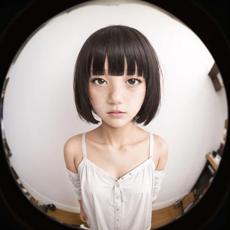 <lora:fisheye2:1>, fisheye, 

solo, 1girl, masterpiece, best quality, black hair, (white camisole), brown eyes, bob cut, blunt bangs, brown eyes, blush, black hair, steaming, (freckles:0.8), collarbone, exposed shoulders, small breasts, empty background, white background, :o, confused, (?)