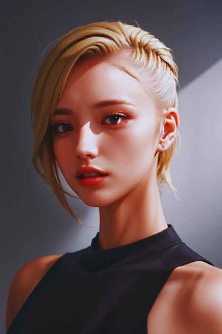 a 20 yo woman, blonde, (hi-top fade:1.3), dark theme, soothing tones, muted colors, high contrast, (natural skin texture, hyperrealism, soft light, sharp)
 <lora:黑金:2>