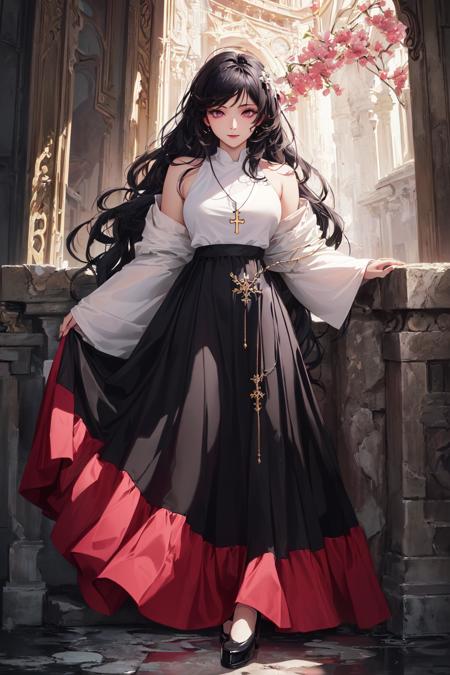 (masterpiece, top quality, best quality, official art, beautiful and aesthetic:1.2), (1female saint:1.5),happy, wavy long hair,black hair,pink eyes,(long skirt dress:1.5),(sensual:1.5),(immoral:1.5),(fully clothed:1.5), cowboy shot