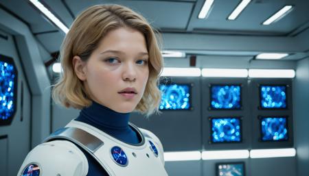 "Imagine Léa Seydoux in a futuristic space station orbiting Earth, wearing a sleek, futuristic spacesuit with metal details and blue LED lights. She stands at the center of an intense scene, where bursts of light and sparks fly around her. Holographic screens float in the air, displaying critical data. Léa has a determined expression, her face illuminated by the glow of the control panels in front of her. In the background, other astronauts can be seen in action, with robotic arms and hovering drones. The space station itself is a mix of glass and metal, with a breathtaking view of Earth through a large glass window. <lora:Lea Seydoux SDXL:1.2>, Lea Seydoux, bleu eyes, woman, blond hair, skinny beautiful