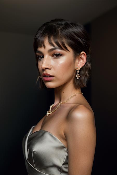 Realistic photo of a beautiful ursul4c-v1 woman, 1girl, solo, short hair, simple background, brown hair, dress, bare shoulders, brown eyes, jewelry, collarbone, upper body, earrings, grey background, black dress, lips, see-through, looking to the side, strapless, realistic, soft lighting, professional Photography, Photorealistic, detailed, RAW, analog, sharp focus, 8k, HD, DSLR, high quality, Fujifilm XT3, film grain, award winning, masterpiece<lora:ursul4c-v1:1.0>