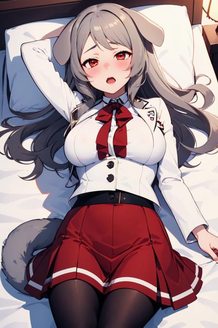 <lora:Pursena:0.7>, 1girl, Pursena, red eyes, dog ears, dog girl, dog tail, grey hair, white jacket, large breasts, black legwear, pantyhose, pleated skirt, (lying on back), <lora:torogao_v3:1>, full-face blush, heavy breathing, bedroom, on bed, from above