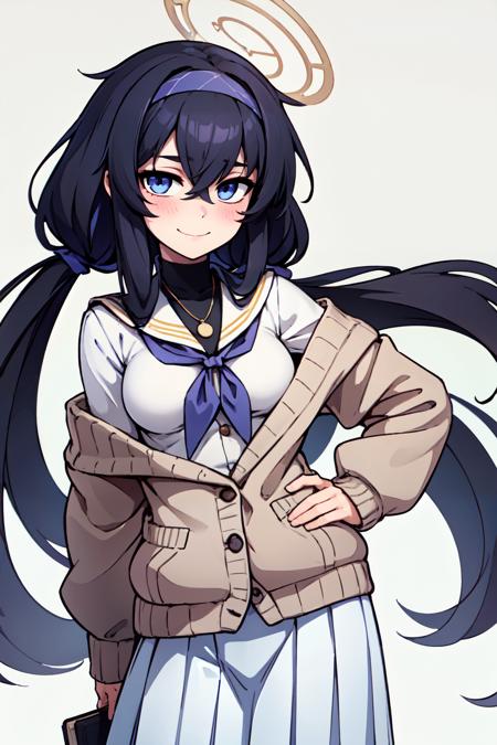 zzUi, long hair, black hair, hairband, halo, bags under eyes, hair between eyes, blue hairband, very long hair, blue eyes, purple eyes,  zzUi, long hair, black hair, hairband, halo, bags under eyes, hair between eyes, blue hairband, very long hair, blue eyes, purple eyes, cardigan, long sleeves, pleated skirt, white skirt, holding book, white sailor collar, blue neckerchief, necklace, blush, white serafuku, long skirt, sweater, low twintails, off shoulder, 