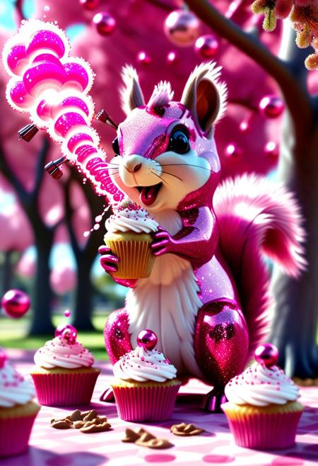 hyperactive squirrel made of pink l1qu1dp34rl with chrome tail, launching cupcakes from a tree bazooka, surreal sugar chaos, cartoon sparkle energy