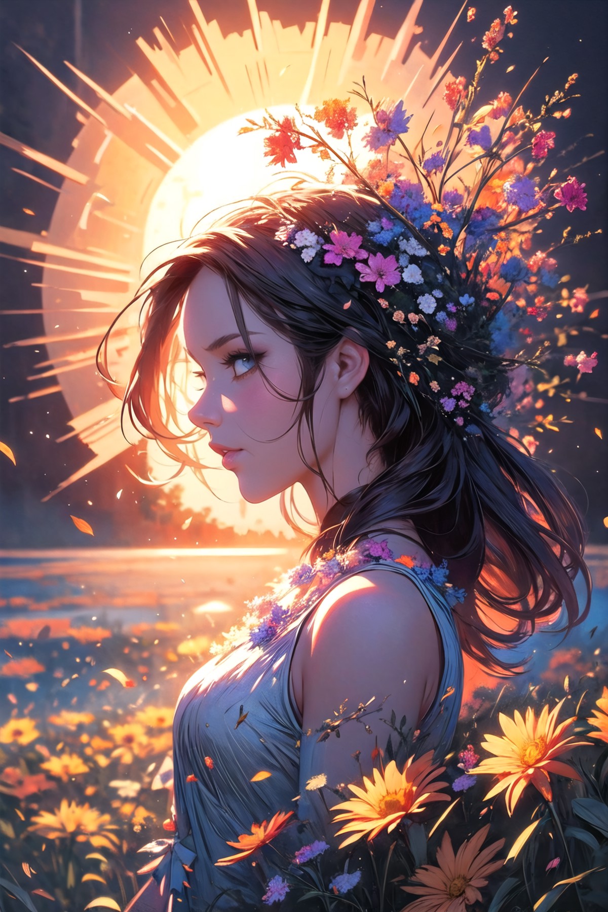<lora:wrenchsfantasy-000016:0.9>, wrenchsfantasy, commercial illustration of a woman dressed in flowers with flowers in he...