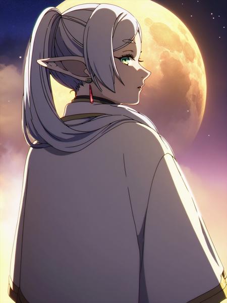 1girl, sfrieren, elf, pointy ears, silver hair, white hair, green hair, BREAK
robe, earrings, BREAK
standing, from behind, upper body, looking at viewer, BREAK
night, dark, full moon, starry sky, BREAK
<lora:sfrieren_ponyxl:0.9>, score_9, score_8_up, score_7_up, score_6_up, anime,
(high quality, detailed, beautiful), shiny, detailed beautiful eyes, outstanding, countershading, detailed soft lighting