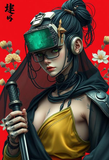 Create an extrahart, brave perspective, mystical, and high-resolution image of an female humanoid robot Samurai wearing a headgear with intricate mechanical translucent jade screen covering the eyes, Made from Sci-fi components, with outworn translucent black linen cape. The character should be depicted in a manga cover style with wealthy portraiture and poster art elements. The image should feature rich colors and high contrast, focusing on the best quality, official art, and a beautiful and aesthetic appearance. wired-cyborg, upper body shot, a man with hairbun, half the face is made of wires and cables and translucent hoses. Use a movie perspective and an advertising style, similar to a magazine cover. The cyborg samurai should be shown solo, wearing flamboyant clothes and armor, holding a sheathed katana, and standing in a cowboy shot pose. The robot should have neon green and yellow hip-hop clothes, tattoos, muscular abs, shoulder armor, and dry flowers in the background. Emphasize a samurai theme with a red background and floral elements.