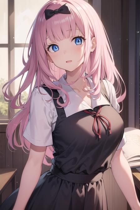 chikafujiwara, <lora:chikafujiwaratest:1>,
chika fujiwara, black bow, blue eyes, blunt bangs, hair bow, long hair, pink hair,
BREAK black dress, dress, pinafore dress, school uniform, shirt, short sleeves, shuuchiin academy school uniform, white shirt,
BREAK looking at viewer,
BREAK indoors, classroom,
BREAK <lora:GoodHands-vanilla:1>, (masterpiece:1.2), best quality, high resolution, unity 8k wallpaper, (illustration:0.8), (beautiful detailed eyes:1.6), extremely detailed face, perfect lighting, extremely detailed CG, (perfect hands, perfect anatomy),