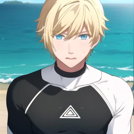 (1boy, solo focus, muscular male), black and white bodysuit, wetsuit, sho akitsuki <lora:Sho_Akitsuki:0.5> , blonde hair, beach, wet hair, sweat, ((facing viewer, looking at viewer)), arms behind head, full body,