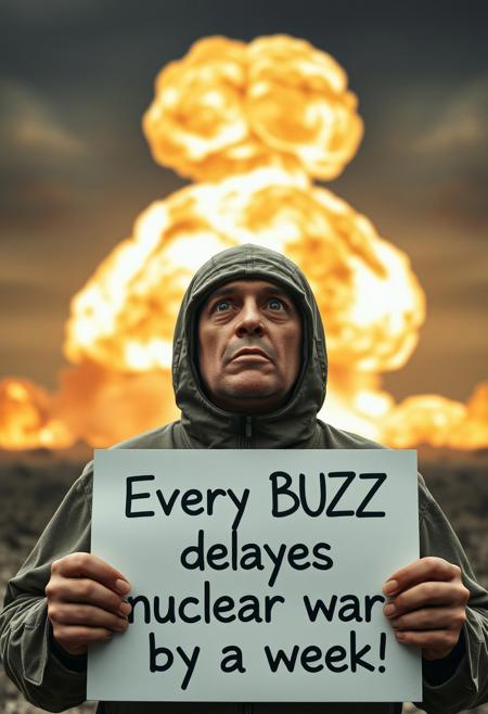 A man in a stalker suit watching a nuclear explosion behind him, with an expression of extreme shock on his face, holds a sign that says "Every BUZZ delays nuclear war by a week", a realistic cinematic shot,