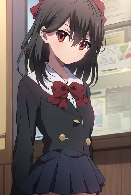 setsunakiyoura, <lyco:setsunakiyoura-lyco-nochekaiser:1>,
setsuna kiyoura, black hair, (red eyes:1.5), hair bow, red bow,
BREAK skirt, thighhighs, bow, school uniform, pleated skirt, shoes, black thighhighs, zettai ryouiki,
BREAK looking at viewer,
BREAK indoors, classroom,
BREAK <lora:GoodHands-vanilla:1>, (masterpiece:1.2), best quality, high resolution, unity 8k wallpaper, (illustration:0.8), (beautiful detailed eyes:1.6), extremely detailed face, perfect lighting, extremely detailed CG, (perfect hands, perfect anatomy),