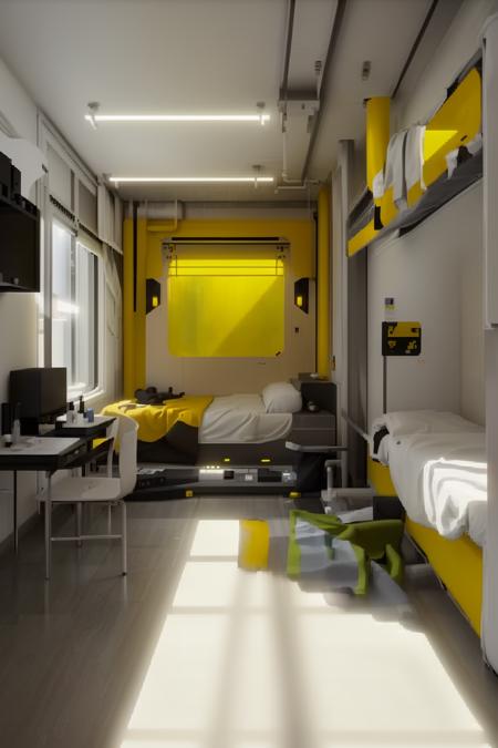 a room with a large window and a bed in it with a white sheet on the floor and a yellow line on the wall, Filip Hodas, cgstudio, computer graphics, space art , cyber_room  , cyberpunk ambient, a room