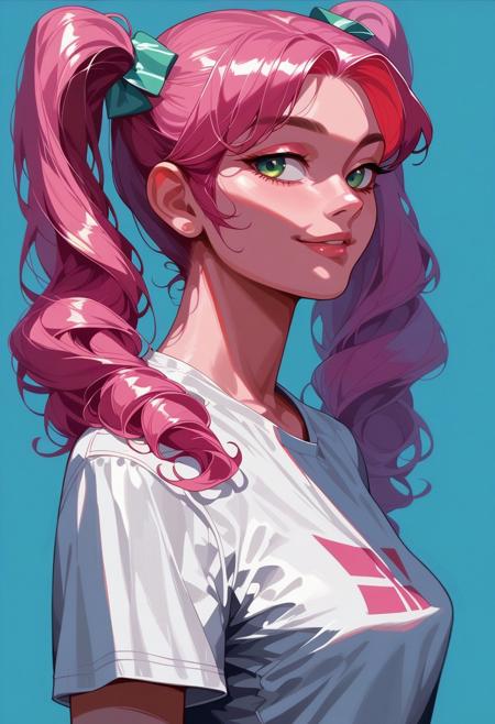 score_9, score_8_up, score_7_up, egirl, beautyfull color, aesthetic, 2d, masterpiece, best quality, close-up shot, view from side, solo, 1girl, woman, skinny, makeup, (hands down, arms down), short white t-shirt, natural medium breasts, green eyes, 2 pigtails, smile, smug, pink candy hair, blue background