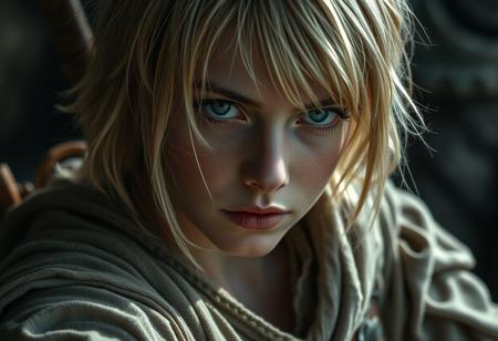 Medieval, D&D, high contrast, real photo, 4k, dramatic lighting, close up of a female warrior, linen and fabric clothes, short blonde hair, scruffy, blue eyes, she's small but feisty, strong and determined, nimble, 20 years old