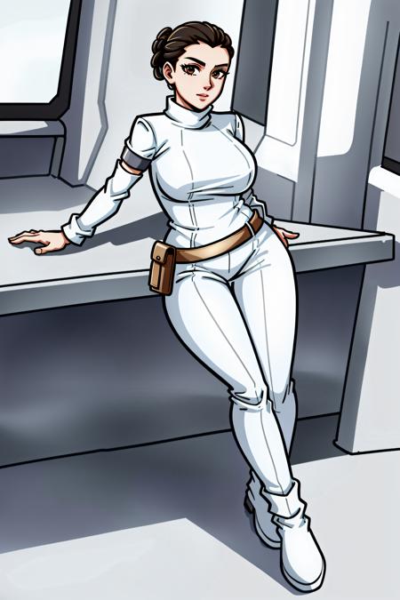 padme sd, looking at viewer, breasts,  brown hair, brown eyes, ((mature female)),white cap, ((white outfit)), hair bun, spaceship interior, full body, cel shading,  ,<lora:padme sd -000009:0.6>,