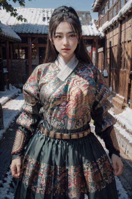 breasts outline, breast shape visible through clothing, big beautiful breasts, 1girl,  masterpiece, 8k, best quality, photorealistic,  light green feiyufu,   <lora:feiyufu_v1:0.81>, outdoor, snow