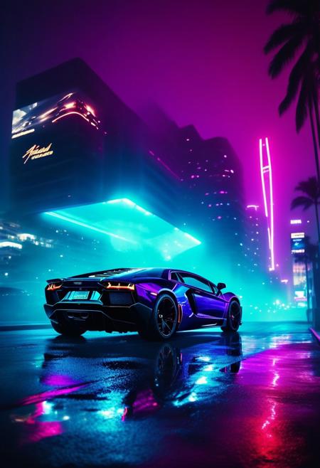 ()Hyoer Realistic:2.0) (((Cinematic Shot)))
an image of 
A futuristic South Beach, Miami, bathed in neon lights, as a Lamborghini Aventador speeds down the coastal highway. The car's sleek, angular body glows with a metallic sheen, its tires scorching the pavement. The night air is electric, filled with the hum of advanced technology and the distant thump of bass from the city's vibrant nightlife. The Aventador's 740hp engine roars to life, propelling it forward at incredible velocity, as the city's towering skyscrapers and holographic billboards blur by in a kaleidoscope of color.