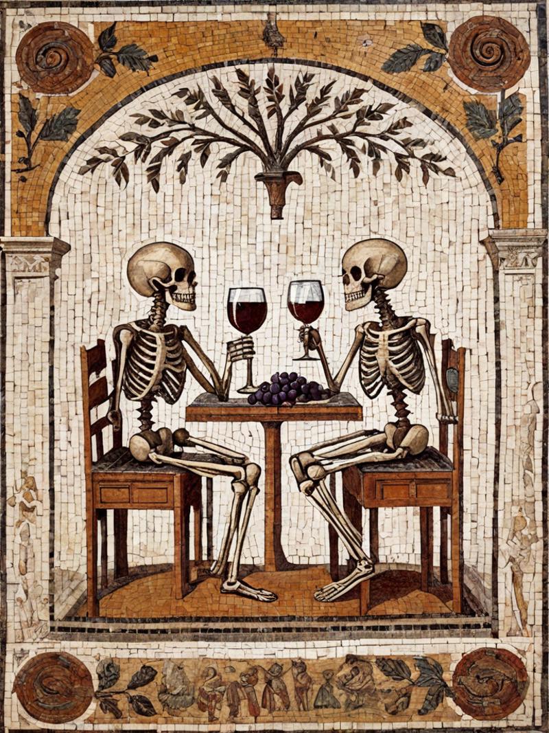 Two Skeleton Figures Drinking Wine Together