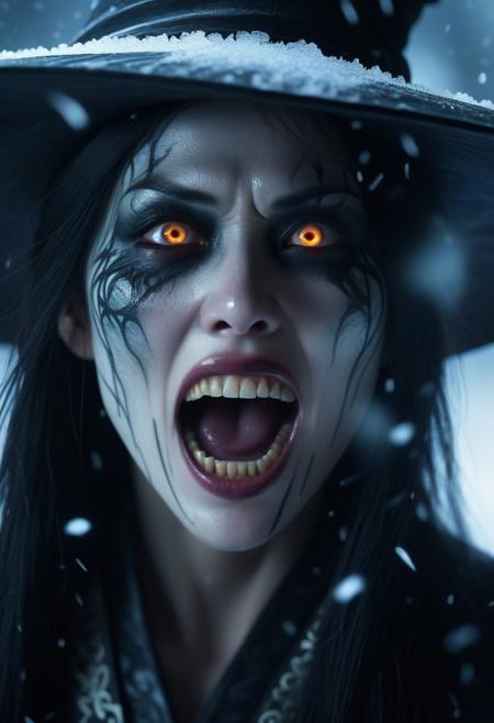 A cinematic extreme close-up of assassinmihq reimagined as a terrifying japanese witch. Her mouth is wide open in a menacing scream, revealing sharp, jagged teeth, as poison Cloud breath escapes into the eerie air. Her translucent skin glows faintly, as if made of magic, with intricate patterns glistening across her face. Her wide, glowing eyes exude both beauty and terror, contrasting with the eerie perfection of her Ethereal form. Backlighting creates a dramatic, atmospheric glow, illuminating the snowflakes swirling in the air and emphasizing the sharp edges of her charming visage. The scene is chilling, intense, and hauntingly beautiful.