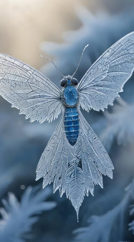 The delicate frost-like pattern on the wings of an ice elemental, each crystal captured in breath-taking clarity and detail, set against a backdrop of winter blues and whites.