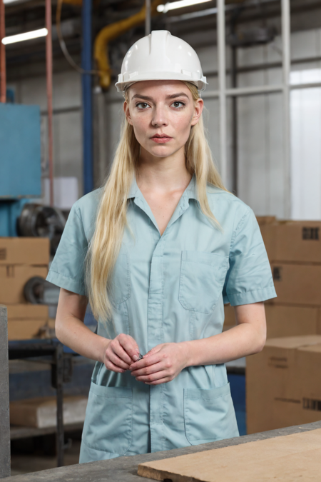 1girl, upper body of a female factory worker, focused and determined expression, wearing a work uniform and safety gear, operating machinery in an industrial setting
 <lora:atj96_us_lora_v02:1> atj96, brown eyes, blonde hair