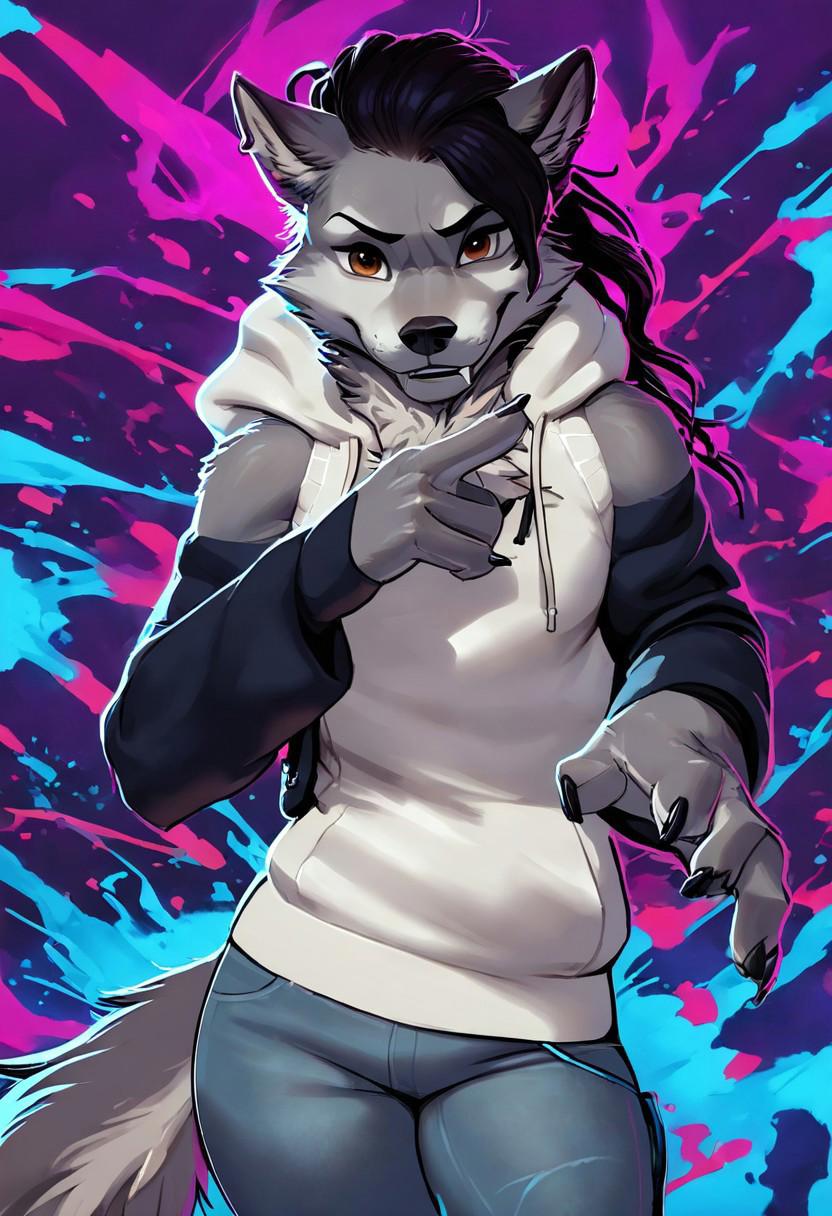 <lora:kabsraptorxl:0.7>,  source_furry, (solo:1.2), anthro, wallpaper, 1boy, solo, cowboy shot, gray fur, hoodie, long sleeves, pants, (foreshortening), friendly, smirk, exposed shoulders, detailed fur texture, grey wolf, white countershading, canine, toned, fluffy tail, glistening, fur, realistic detailed fur, grey skin, grey body, brown eyes, anime black hair, fangs, blue and purple background,
score_9, score_8_up, score_7_up,  <lora:add-detail-xl:1.4>, <lora:fortnitelsxl:0.8> fortnitelsxl, graphic novel, ink lined illustration, thick multicolored outline, aura, purple energy, multicolored background, blue wisp, purple electric, <lora:paintsplashsdxl:0.4> paintsplashsdxl, <lora:Manga_Action_Shot:0.8> action shot,  <lora:Realistic_2.5DAnime_Merge1:0.3>,  <lora:Neon_Style_XL:0.8> neon_style,  <lora:incase---1:0.3>