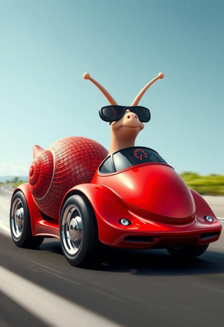 A cute, hyper-stylistic snail speeds along, its shell transformed into a sleek, high-performance sports car. The shell, a vibrant, metallic red, features four high-performance tires, gleaming chrome wheels, and a body that's complete with car doors, windows, and a rear spoiler. The snail's "face" is a cool, confident visage, its eyes hidden behind a pair of trendy, dark shades. The snail's antennae are styled like a pair of sporty, aerodynamic fins, adding to its turbo-charged persona. Every detail of the scene is meticulously rendered, from the intricate, textured pattern of the shell's body to the tiny, glowing turbo gauges on the dashboard. The overall effect is one of adorable, high-octane fun, as if this turbo-charged snail is the coolest, most unlikely speedster on the road. highest-Quality, intricate details, visually stunning, Masterpiece