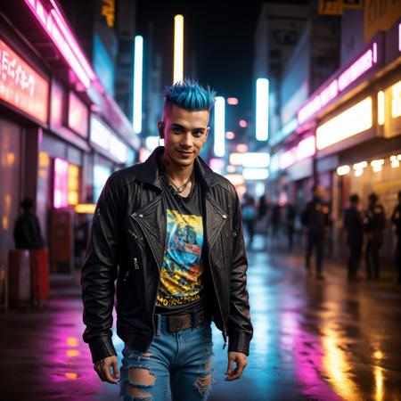 A photo of a male with a charismatic smile and vibrant electric blue eyes, reflecting his magnetic personality. He wears a casual yet stylish ensemble, consisting of a leather jacket, graphic t-shirt, and ripped jeans, embodying the rebellious spirit of the cyberpunk subculture. Surrounded by a bustling futuristic marketplace, he confidently walks, his hands in his pockets, radiating an air of confidence and charm. The combination of his casual style and the vibrant environment creates a visually captivating and dynamic composition. Epic character composition, sharp focus, and natural lighting. The subsurface scattering effect adds a touch of an ethereal glow, while the f2 aperture and 35mm lens create a perfect balance of depth and detail. <lora:CyberPunkV2:0.7> 7cy6er7p0nk9