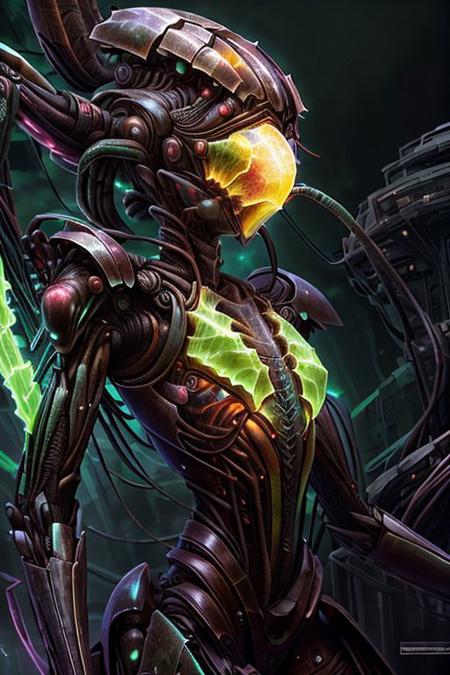 portrait of dark crab female person (long neck, slender arms)) massive headdress, bio armor, (luminesce green glowing) floating particles, insect textures, scifi,
