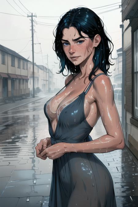 Analog style masterpiece, a close up portrait of a (sexy:1.2) ((wet)), annoyed looking, chestnut colored hair, 40 yo, teacher, wearing a wet (dark blue) dress with white geometric accent, braless, ((milf)), blue eyes, (((wet hair))), standing on a rainy street, alleyway, natural breasts, ((small breasts)), cleavage, sexy smirk, getting wet, sweaty, embarrassed, (nose freckles:.8), hotel in the background, slate atmosphere, foggy, cinematic, dimmed colors, dark shot, blue grey colors, muted colors, film grain, fil noir style, insane details, intricate details, skin imperfections, <lora:hauteCoutureSummer_v10:1>, sagbobz