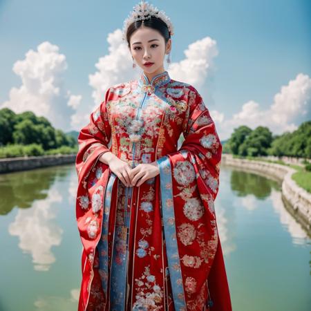 (8k, RAW photo, best quality, masterpiece:1.2), (realistic, photo-realistic:1.4), ultra-detailed, (Internet celebrity beauty),perfect detail ,  make up,(full body shot),China Jiangnan water town style, (cloud),zshs, a woman in a red and blue dress and a crown,<lora:zshs-10:0.8>