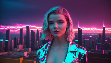 <lora:sdxl_synthworld_V2:0.8>, <lora:anya_lora_sdxl_v1-000008:0.8>
 Anya Taylor-Joy, synthwave aesthetic, 1980s retro-future styling, shoulder-length platinum hair with pink neon edge glow, holographic jacket with chrome lapels, high cheekbones, direct gaze, dramatic eye makeup, electric cyan highlights, colossal digital sun setting behind jagged chrome skyline, glowing magenta-orange dusk sky, neon-lit skyscrapers with reflective glass, infinite synthwave grid glowing hot pink and cyan, storm clouds crackling with violet lightning, atmospheric haze over distant city, layout:cinematic framing layout:center composition light:neon glow light:rim lighting:1.2 light:bounce lighting:1.1 light:halation lens:filmic color grading lens:postprocess LUT lens:gaussian bokeh env:cosmic backdrop
