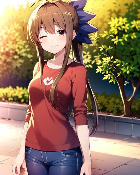 ((masterpiece)), ((best quality)), ((highres)), ((detailed background)), ((extremely detailed CG unity 8k wallpaper)), solo, (outdoors), sunny, triple ahoge, long side hair, purple bow, ponytail, <lora:furukawa sanae:0.9>, furukawa sanae, brown hair, brown eyes, (red t-shirt), (black pants), (one eye closed), smile