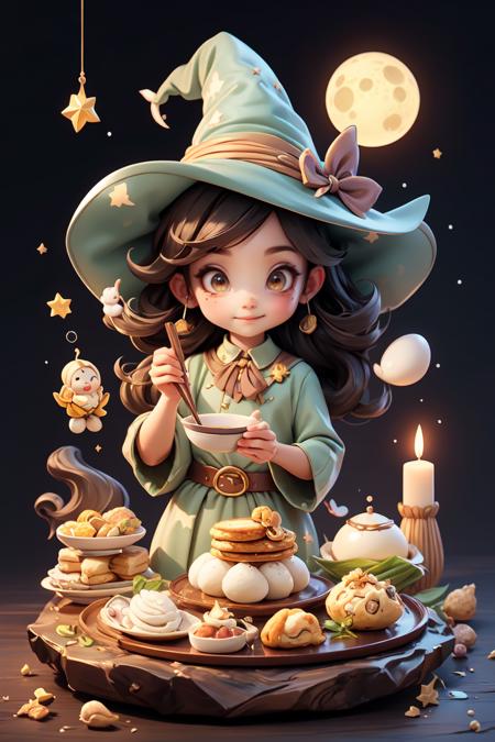 Bawan,beef noodle soup ,braised pork rice ,bubble tea ,Guabao ,iron egg ,millet mochi ,oyster omelet ,oyster vermicelli ,pan fried buns ,pepper bun ,pineapple cake ,rice noodles ,scallion pancake ,stinky tofu ,sun cake , girl, witch, magic, spell book, potion, wand, cauldron, robes, pointed hat, broomstick, mystical creatures, moon, stars, candlelight, crystals, enchanted forest, flying, levitating, casting spell, <lora:CommonTaiwaneseFood_24:0.8>