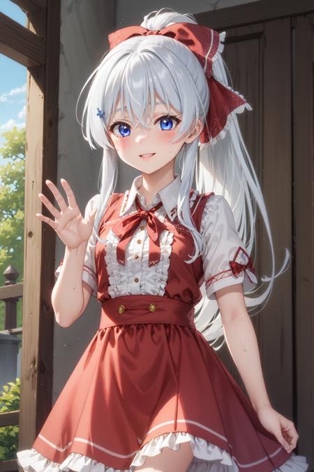 masterpiece, best quality, smile, 1girl, waving, ph elaina, Eoutfit1, elaina (majo no tabitabi), long hair, bangs, shiny, hair between eyes, sweatdrop, blue eyes, ribbon, ponytail, red ribbon, collared shirt, hair ribbon, red shirt, short sleeves, parted lips, red dress, frills, white hair, hair bow, red bow, wing collar, white shirt, blush, sweat, alternate hairstyle, crossed bangs, <lora:elaina-ph_64:1>