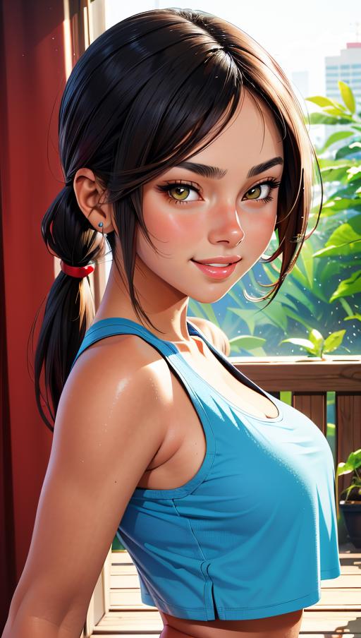 A beautiful, cartoon-like illustration of a smiling young woman with long, dark hair, wearing a blue tank top and a ponytail.