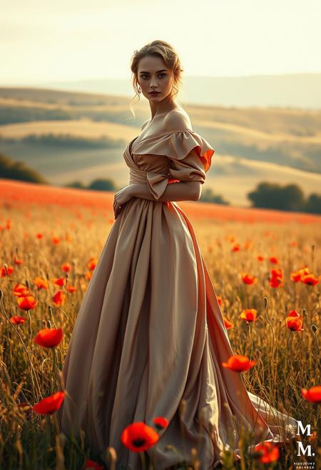 A noblewoman in an opulent silk gown stands gracefully in a golden field of poppies, the sunlight casting a warm, impressionistic glow on the landscape behind her., surreal fashion photography, romantic landscape watercolor, ethereal atmosphere, classical elegance, dreamlike compositions, fine art portraiture, soft lighting, historical costume fusion, modern surrealism, 19th century british romanticism, muted color palette, painterly textures, architectural backdrops, layered symbolism, poised figures, cinematic staging, nature-infused settings, refined drama