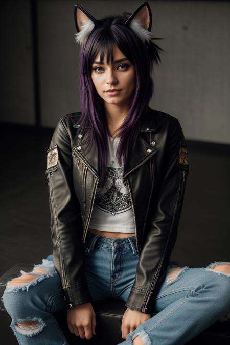 <lora:catgirl:0.4>, catgirl cat ears,
woman, (masterpiece:1.4, best quality), (intricate details), unity 8k wallpaper, ultra detailed, hyper realistic, detailed skin, Sitting with one leg tucked under and the other extended, Grunge Rocker: Ripped jeans, band tee, leather jacket, and combat boots.