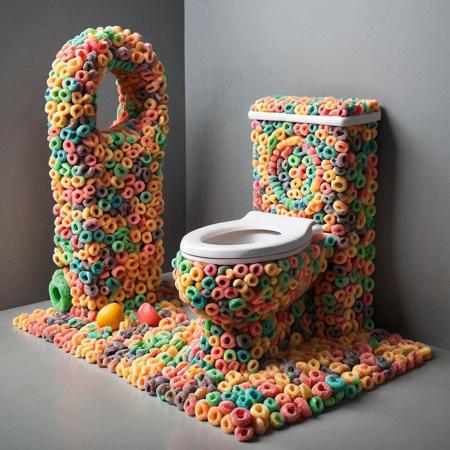 made of fruit loops, a realistic toilet made of fruit loops, the toilet has FrootLoops shape