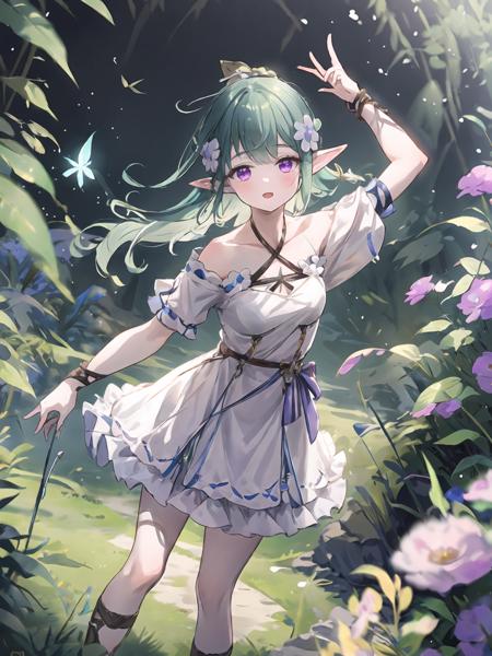 masterpiece,best quality,highres,cinematic lighting,dramatic angle,1girl,CastelleYoung,green hair,pointy ears,purple eyes,hair flower,hair ornament,white short dress,short sleeves,criss-cross halter,belt,ribbons,cross-laced footwear,<lora:ShadowverseCastelle_VerdiliaV2-000013:0.8:lbw=1,0.1,0.2,1,1,0.4,0.1,0.8,0.8,1,1,1,1,1,1,1,1>,arm up,open mouth,chasing butterfly,happy,woods,grass,portrait,bare legs,