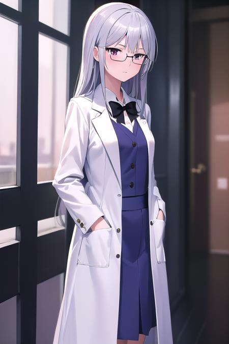 masterpiece, best quality, ultra-high-detailed, 1girl, lab coat,  hands in pockets, glasses, kazami kazuki, silver hair, long hair, purple eyes, school uniform, black bow