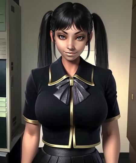 Kamira,black hair,bangs,long twintails,black eyes,
black school uniform,black skirt,black thighhighs,
standing,upper body,smile,
principle offices,looking at viewer,
(insanely detailed, beautiful detailed face, masterpiece, best quality),solo,<lora:Kamira-12UmeV7:0.7>,